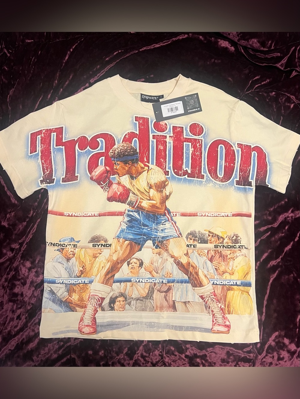 Syndicate "Tradition" Boxing Graphic Tee - Cream with Red & Blue Men Size Small